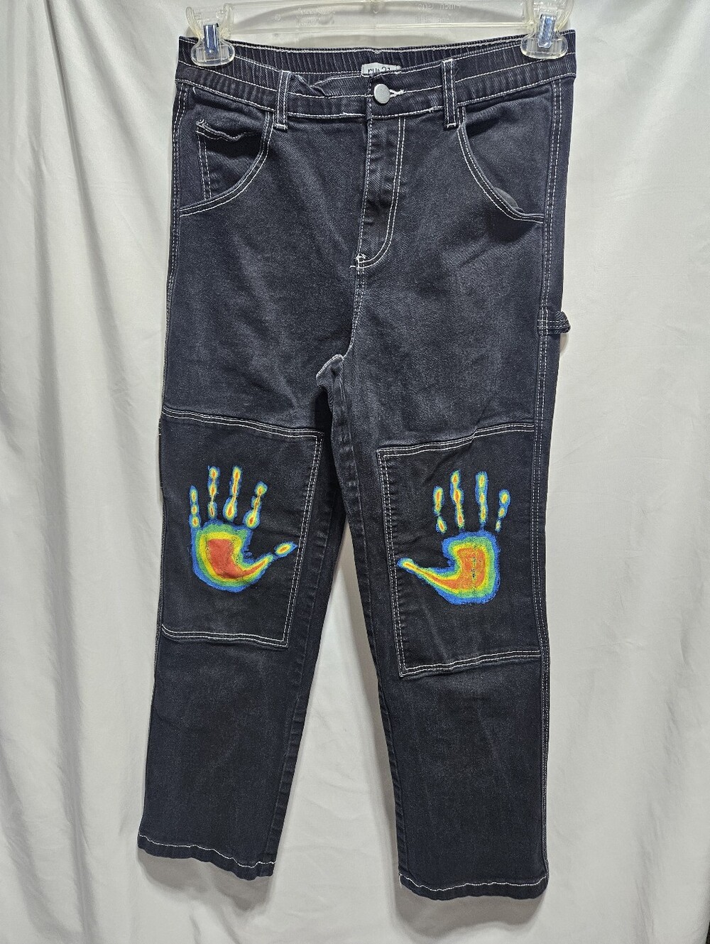 rue21 Thermal Handprint Carpenter Jeans Medium Dark Wash Y2K Grunge Wide Leg M